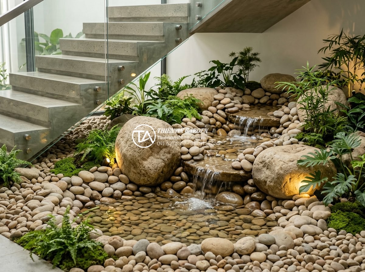 Lỗi phong thủy chết người: Tại sao không nên đặt bể cá dưới gầm cầu thang? - Hình 4 Lỗi phong thủy chết người: Tại sao không nên đặt bể cá dưới gầm cầu thang? - Elegant natural stone rockery landscape installed under a modern staircase featu