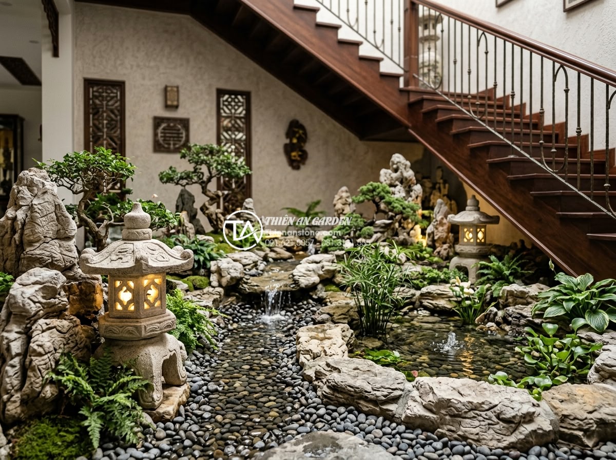 Lỗi phong thủy chết người: Tại sao không nên đặt bể cá dưới gầm cầu thang? - Hình 5 Lỗi phong thủy chết người: Tại sao không nên đặt bể cá dưới gầm cầu thang? - Professional 3D rendering of a spacious under-stair area transformed into a luxu