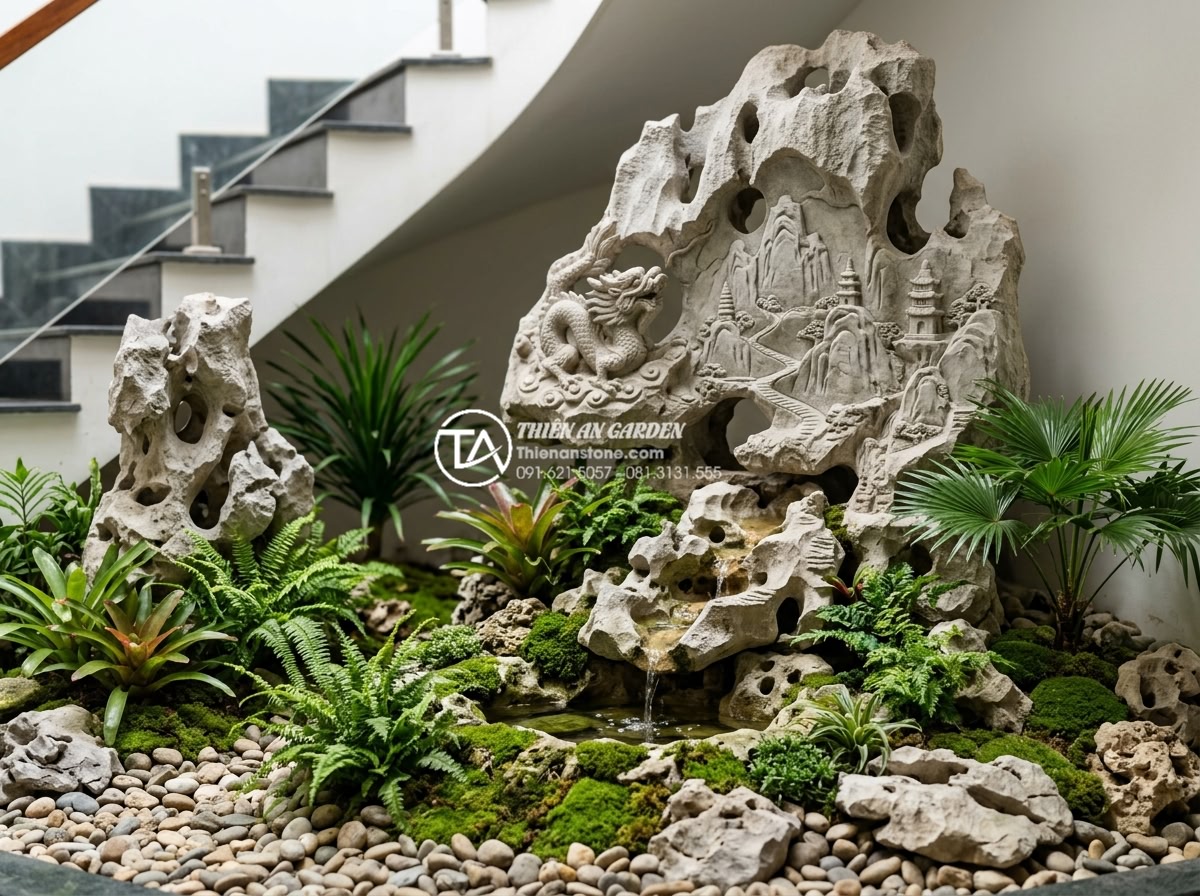 Lỗi phong thủy chết người: Tại sao không nên đặt bể cá dưới gầm cầu thang? - Hình 6 Lỗi phong thủy chết người: Tại sao không nên đặt bể cá dưới gầm cầu thang? - High-resolution photo of intricate hand-carved natural stone elements including