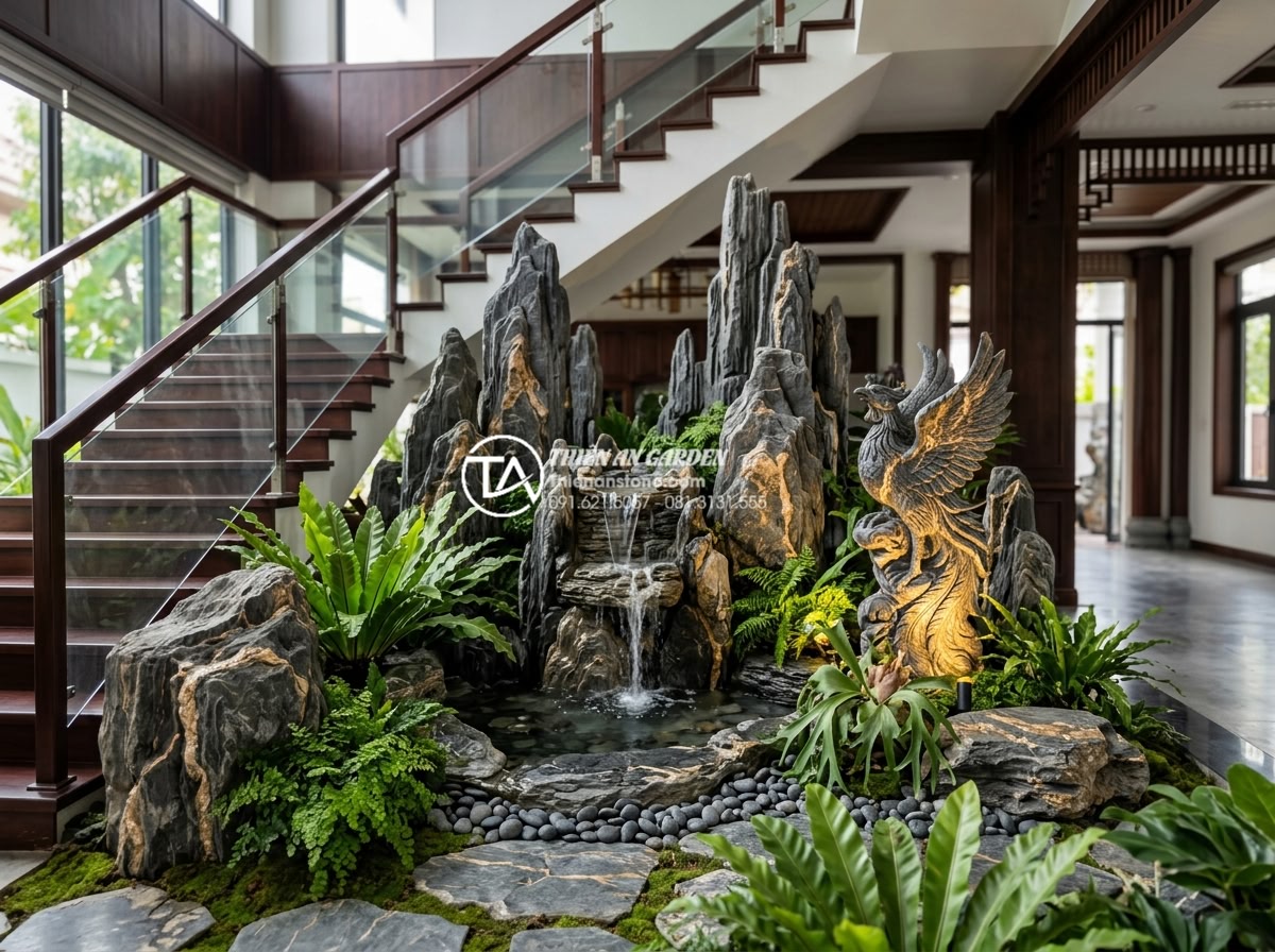 Lỗi phong thủy chết người: Tại sao không nên đặt bể cá dưới gầm cầu thang? - Hình 7 Lỗi phong thủy chết người: Tại sao không nên đặt bể cá dưới gầm cầu thang? - Luxurious wide under-stair garden design featuring massive natural boulders, han