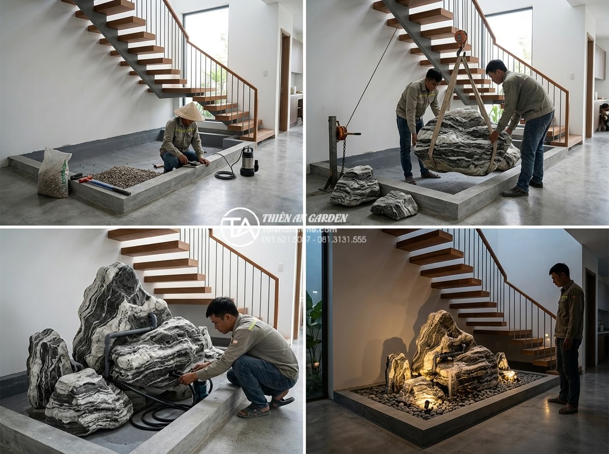 Lỗi phong thủy chết người: Tại sao không nên đặt bể cá dưới gầm cầu thang? - Hình 8 Lỗi phong thủy chết người: Tại sao không nên đặt bể cá dưới gầm cầu thang? - Step-by-step professional installation process of a natural stone under-stair la