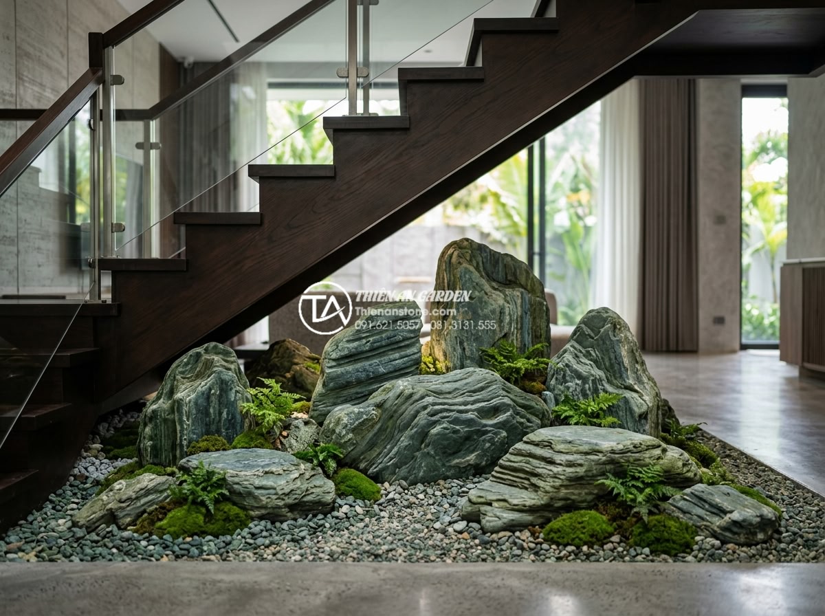 Lỗi phong thủy chết người: Tại sao không nên đặt bể cá dưới gầm cầu thang? - Hình 9 Lỗi phong thủy chết người: Tại sao không nên đặt bể cá dưới gầm cầu thang? - Professional team photo of Đá Cảnh Thiên An experts standing proudly next to a c