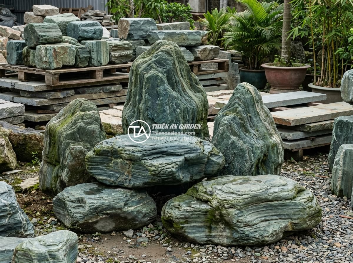 Lựa chọn đơn vị thiết kế thi công tiểu cảnh góc sân vườn uy tín - Hình 10 Lựa chọn đơn vị thiết kế thi công tiểu cảnh góc sân vườn uy tín - Variety of natural stones and artistic carvings displayed in a professional ston