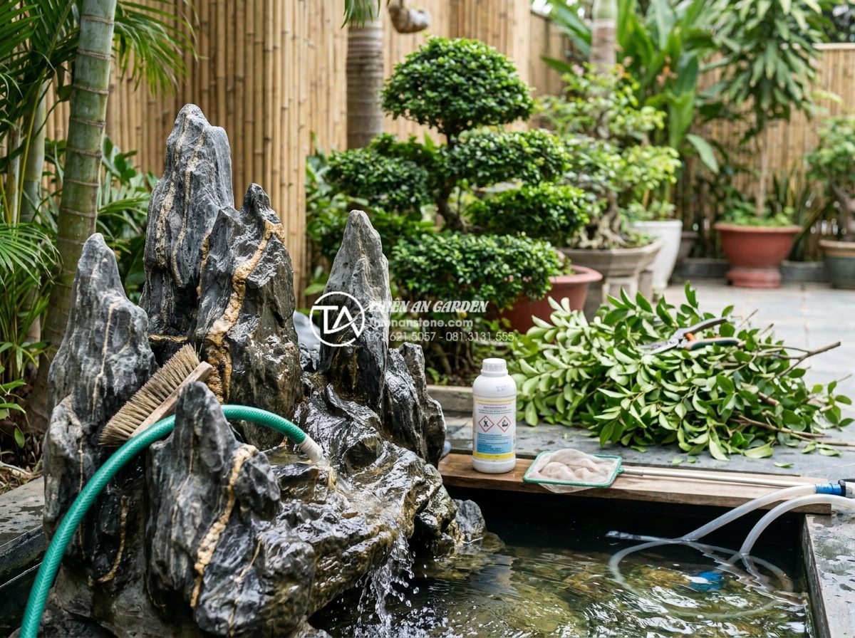 Lựa chọn đơn vị thiết kế thi công tiểu cảnh góc sân vườn uy tín - Hình 15 Lựa chọn đơn vị thiết kế thi công tiểu cảnh góc sân vườn uy tín - Maintenance process showing cleaning of natural stones, water treatment, and pla