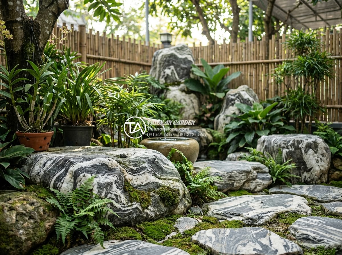 Lựa chọn đơn vị thiết kế thi công tiểu cảnh góc sân vườn uy tín - Hình 16 Lựa chọn đơn vị thiết kế thi công tiểu cảnh góc sân vườn uy tín - Long-term maintained stone garden corner looking fresh and vibrant after several