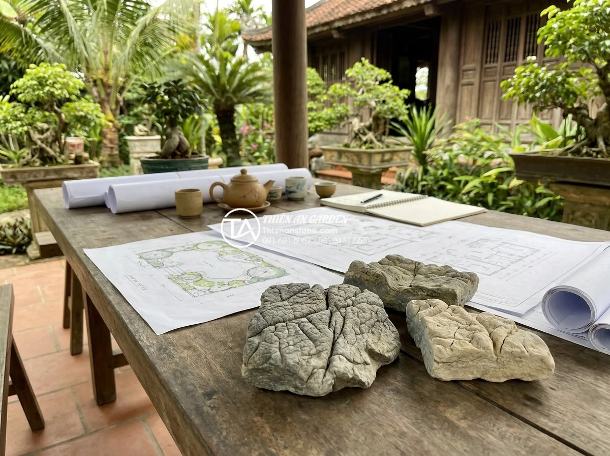 Lựa chọn đơn vị thiết kế thi công tiểu cảnh góc sân vườn uy tín - Hình 20 Lựa chọn đơn vị thiết kế thi công tiểu cảnh góc sân vườn uy tín - Client consultation meeting discussing garden design plans with natural stone sa