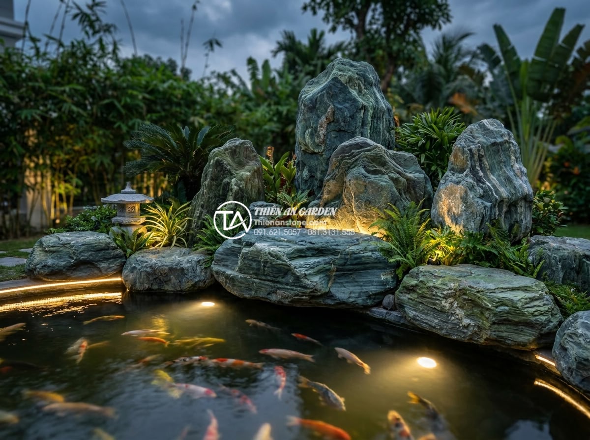 Lựa chọn đơn vị thiết kế thi công tiểu cảnh góc sân vườn uy tín - Hình 3 Lựa chọn đơn vị thiết kế thi công tiểu cảnh góc sân vườn uy tín - Luxurious villa corner garden with natural stone boulders, artistic rock sculptu