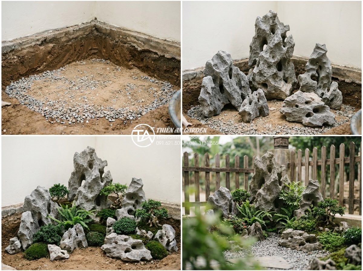 Lựa chọn đơn vị thiết kế thi công tiểu cảnh góc sân vườn uy tín - Hình 7 Lựa chọn đơn vị thiết kế thi công tiểu cảnh góc sân vườn uy tín - Step-by-step construction process showing foundation work, stone placement, and