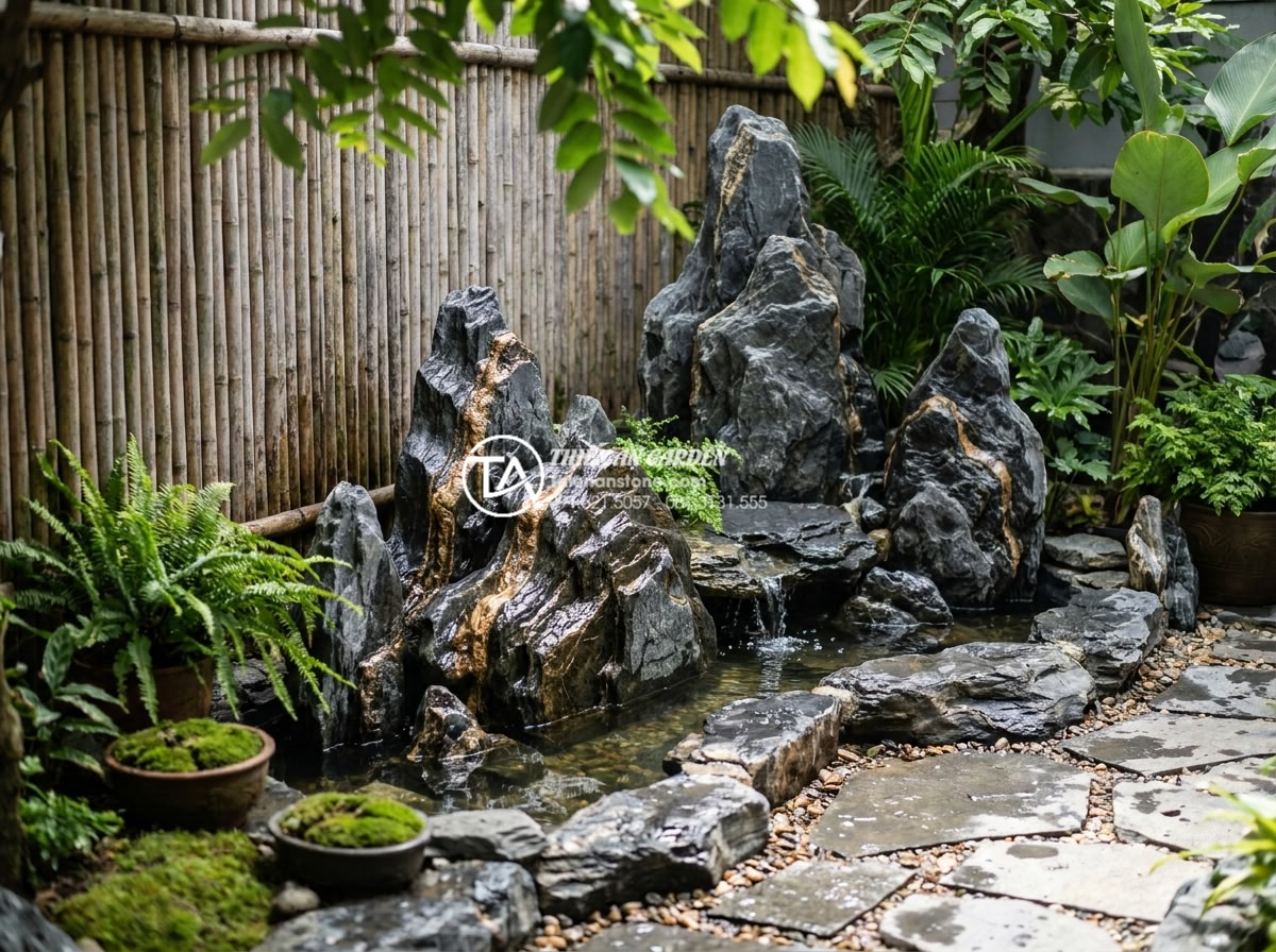 Lựa chọn đơn vị thiết kế thi công tiểu cảnh góc sân vườn uy tín - Hình 8 Lựa chọn đơn vị thiết kế thi công tiểu cảnh góc sân vườn uy tín - Completed professional installation of carved stone elements and water features
