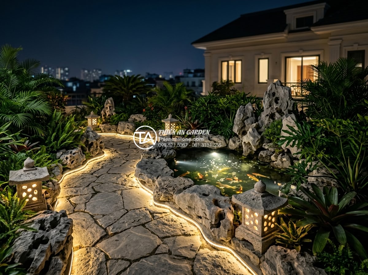 Mẫu đèn led trang trí tiểu cảnh sân thượng lung linh về đêm - Hình 1 Mẫu đèn led trang trí tiểu cảnh sân thượng lung linh về đêm - Professional nighttime photograph of a luxurious rooftop terrace small garden in