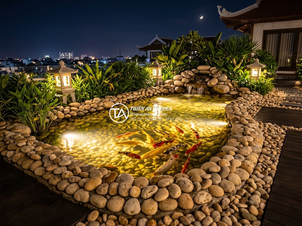 Mẫu đèn led trang trí tiểu cảnh sân thượng lung linh về đêm - Hình 20 Mẫu đèn led trang trí tiểu cảnh sân thượng lung linh về đêm - Stunning completed project photo of rooftop koi pond with natural stone and prof