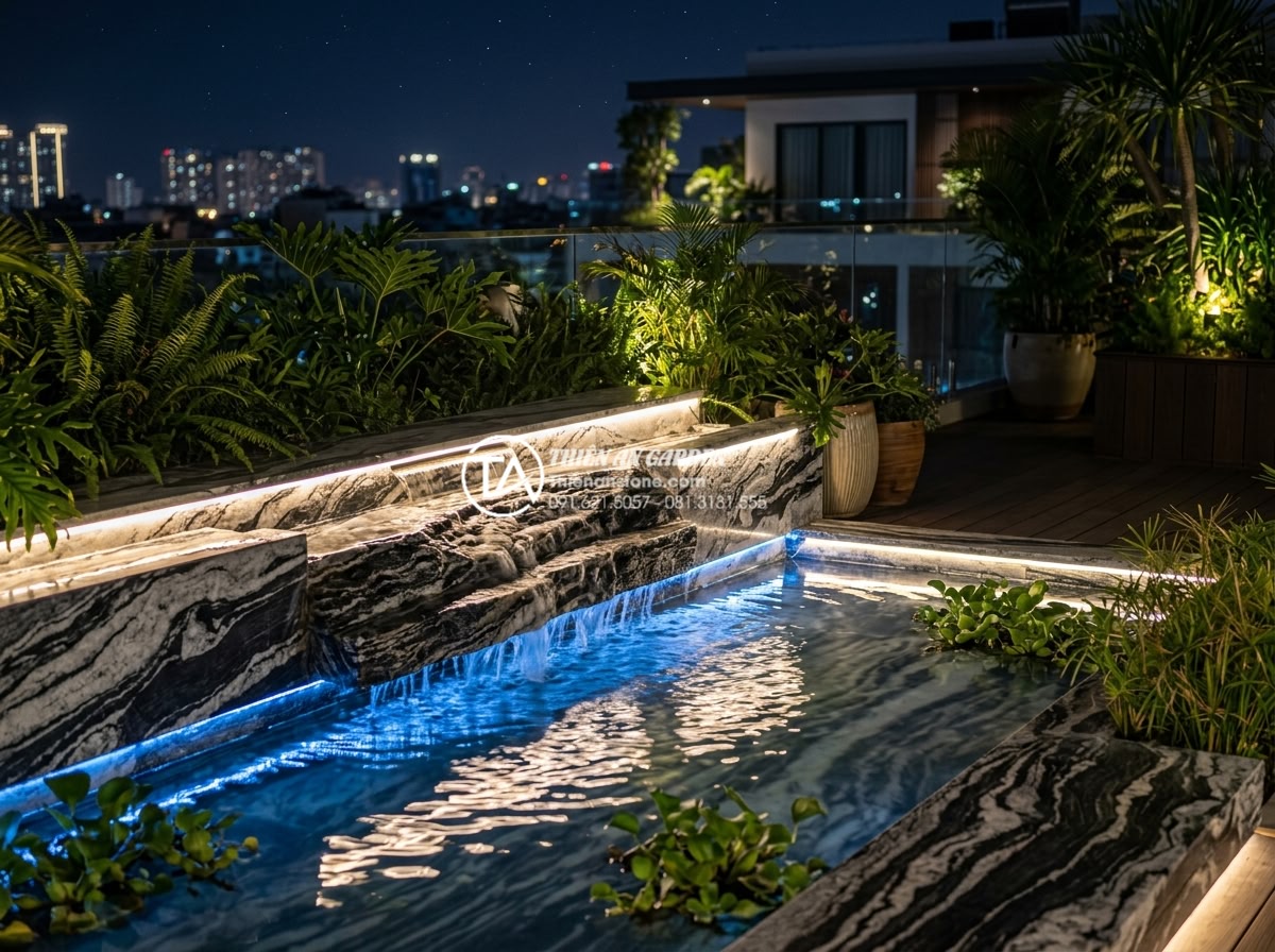 Mẫu đèn led trang trí tiểu cảnh sân thượng lung linh về đêm - Hình 3 Mẫu đèn led trang trí tiểu cảnh sân thượng lung linh về đêm - Detailed realistic photo of LED strip lights elegantly installed along the edge