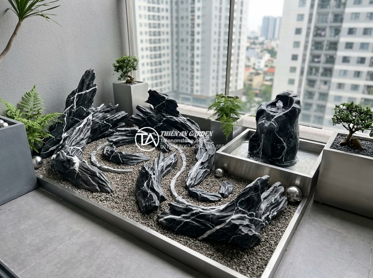 Mẫu tiểu cảnh ban công cho gia chủ mệnh Kim: Sử dụng đá và màu sắc phù hợp - Elegant modern balcony mini landscape designed specifically for Metal Feng Shui 
