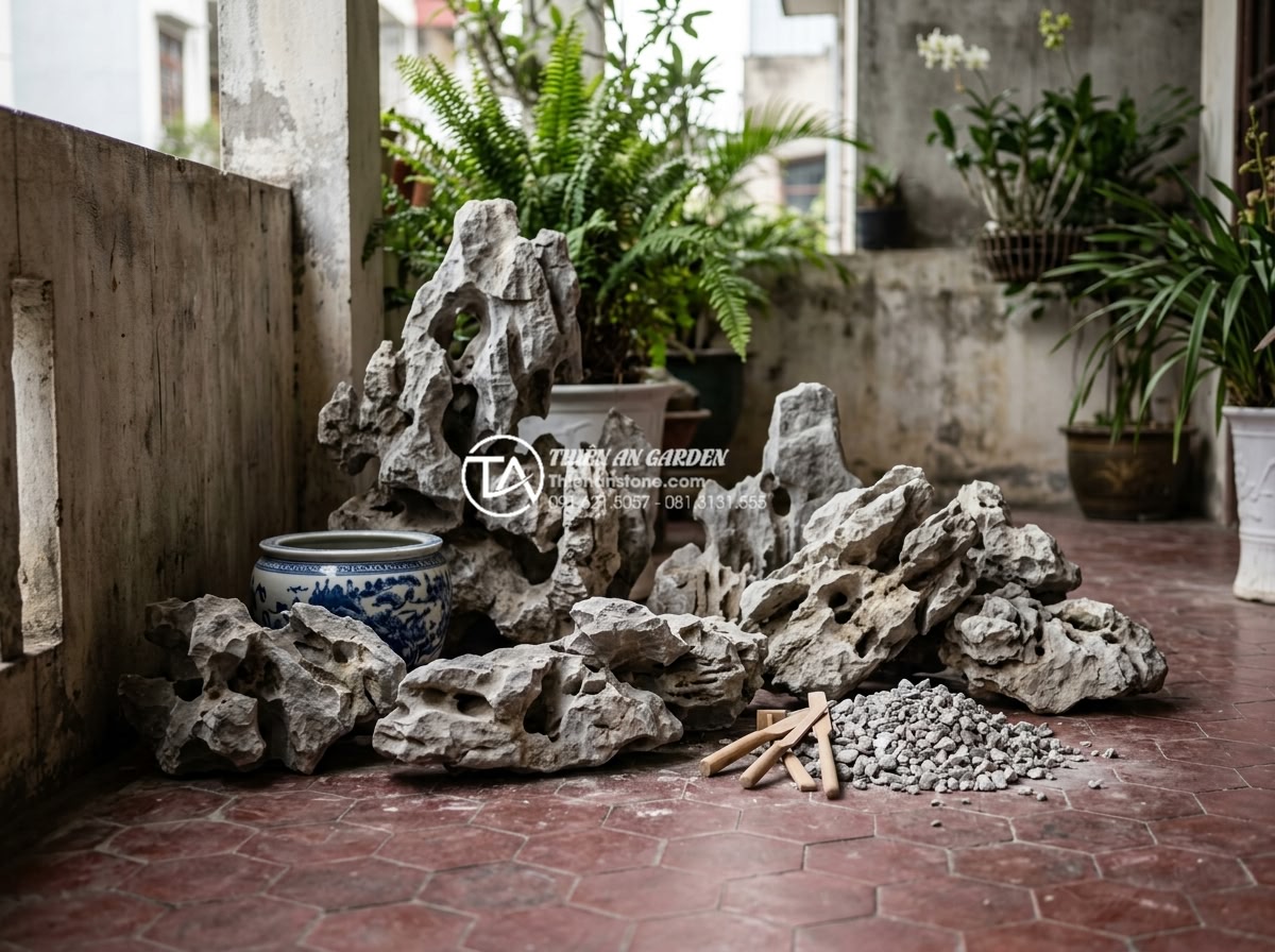 Mẫu tiểu cảnh ban công cho gia chủ mệnh Kim: Sử dụng đá và màu sắc phù hợp - Step-by-step construction process of elegant stone Feng Shui balcony design by e