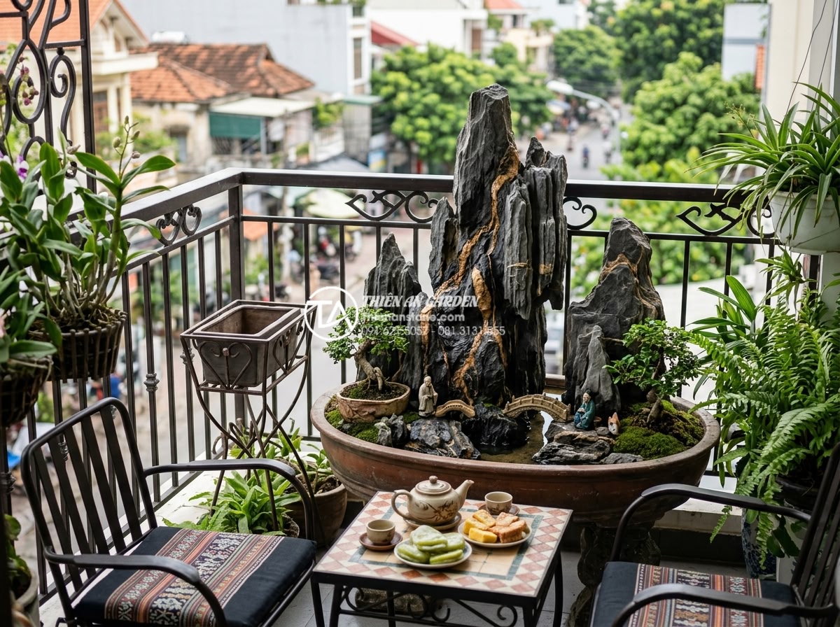 Mẫu tiểu cảnh ban công cho gia chủ mệnh Kim: Sử dụng đá và màu sắc phù hợp - Happy family enjoying beautifully designed Metal element balcony mini scene with