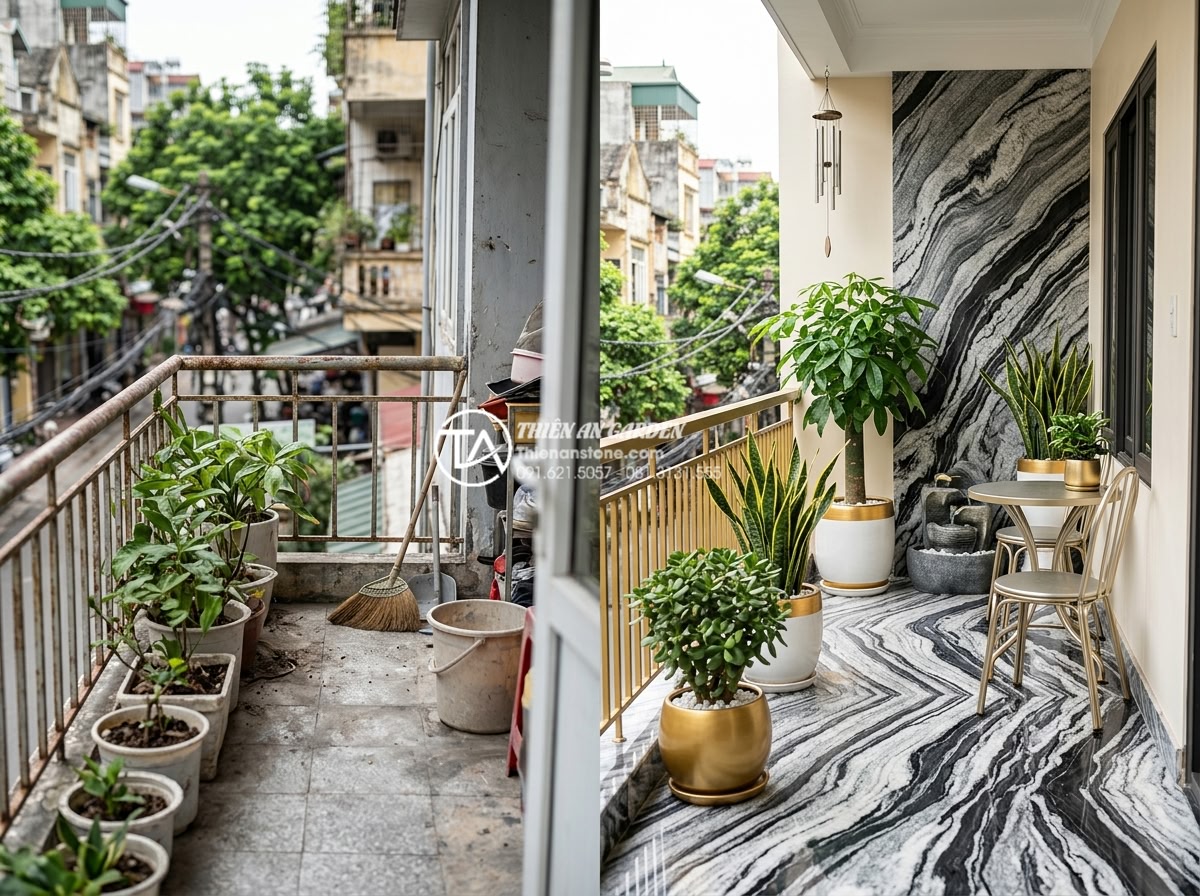 Mẫu tiểu cảnh ban công cho gia chủ mệnh Kim: Sử dụng đá và màu sắc phù hợp - Before and after transformation of balcony into prosperous Feng Shui space using