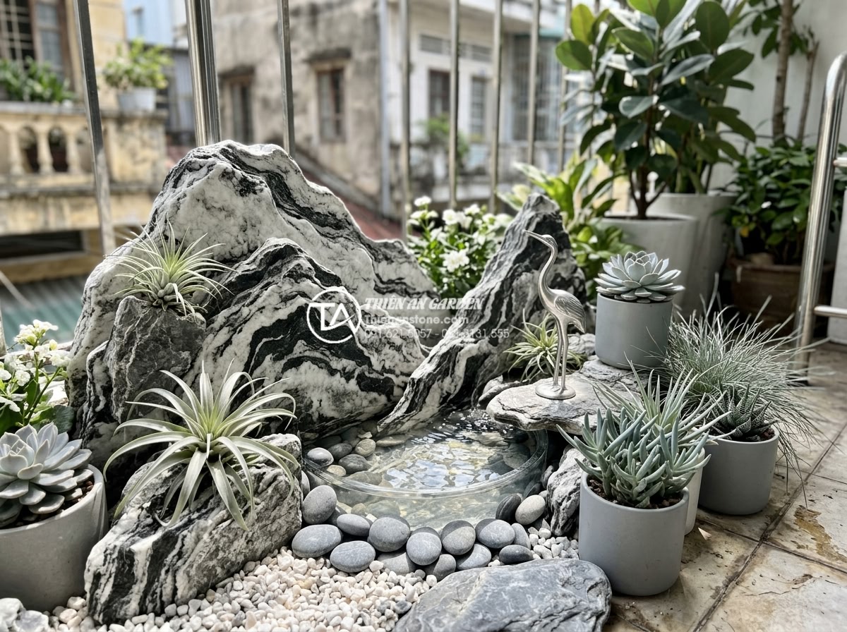 Mẫu tiểu cảnh ban công cho gia chủ mệnh Kim: Sử dụng đá và màu sắc phù hợp - Vibrant yet elegant stone color combinations in white silver and gray tones perf