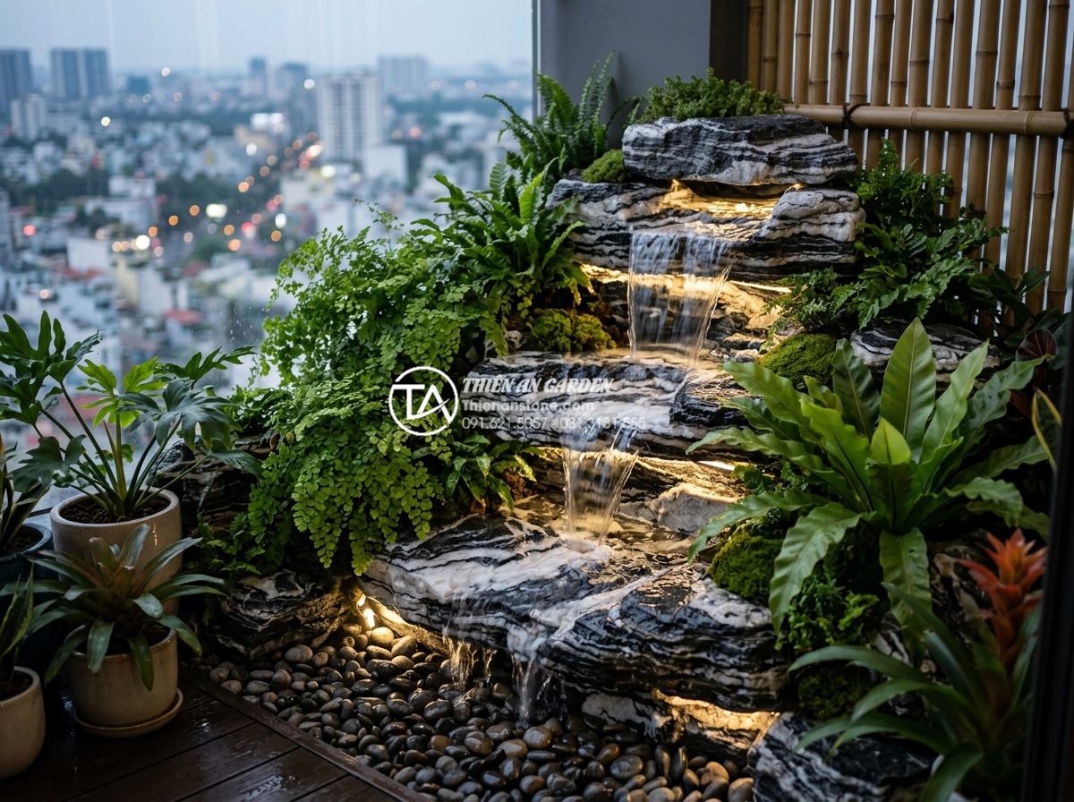 Mẫu tiểu cảnh ban công kết hợp thác nước bằng đá tự nhiên cực sang trọng - Luxurious balcony mini landscape featuring a natural stone waterfall with cascad