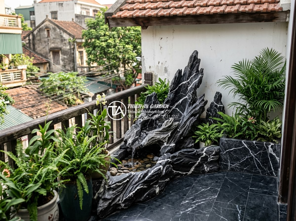 Mẫu tiểu cảnh ban công kết hợp thác nước bằng đá tự nhiên cực sang trọng - Custom designed natural stone balcony landscapes tailored to specific balcony si