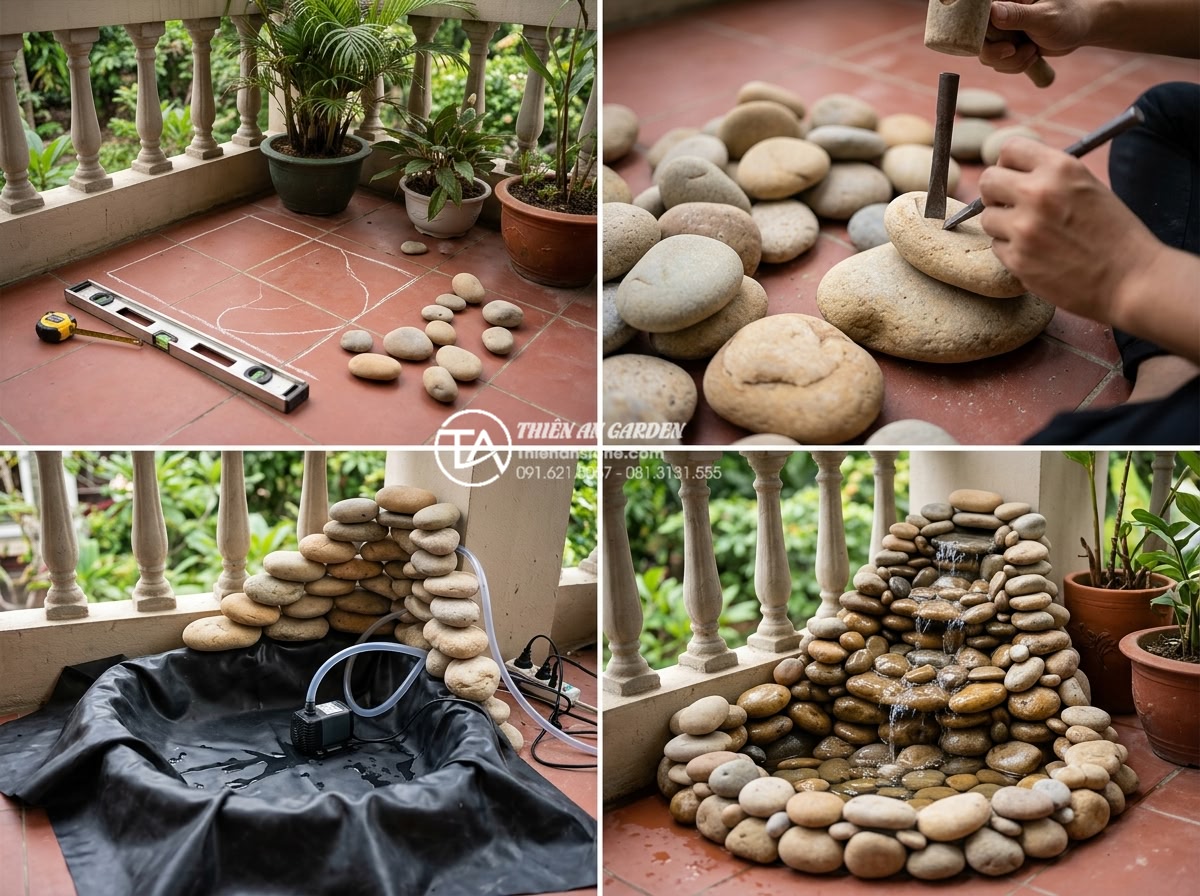 Mẫu tiểu cảnh ban công kết hợp thác nước bằng đá tự nhiên cực sang trọng - Professional step-by-step construction process of natural stone mini waterfall o
