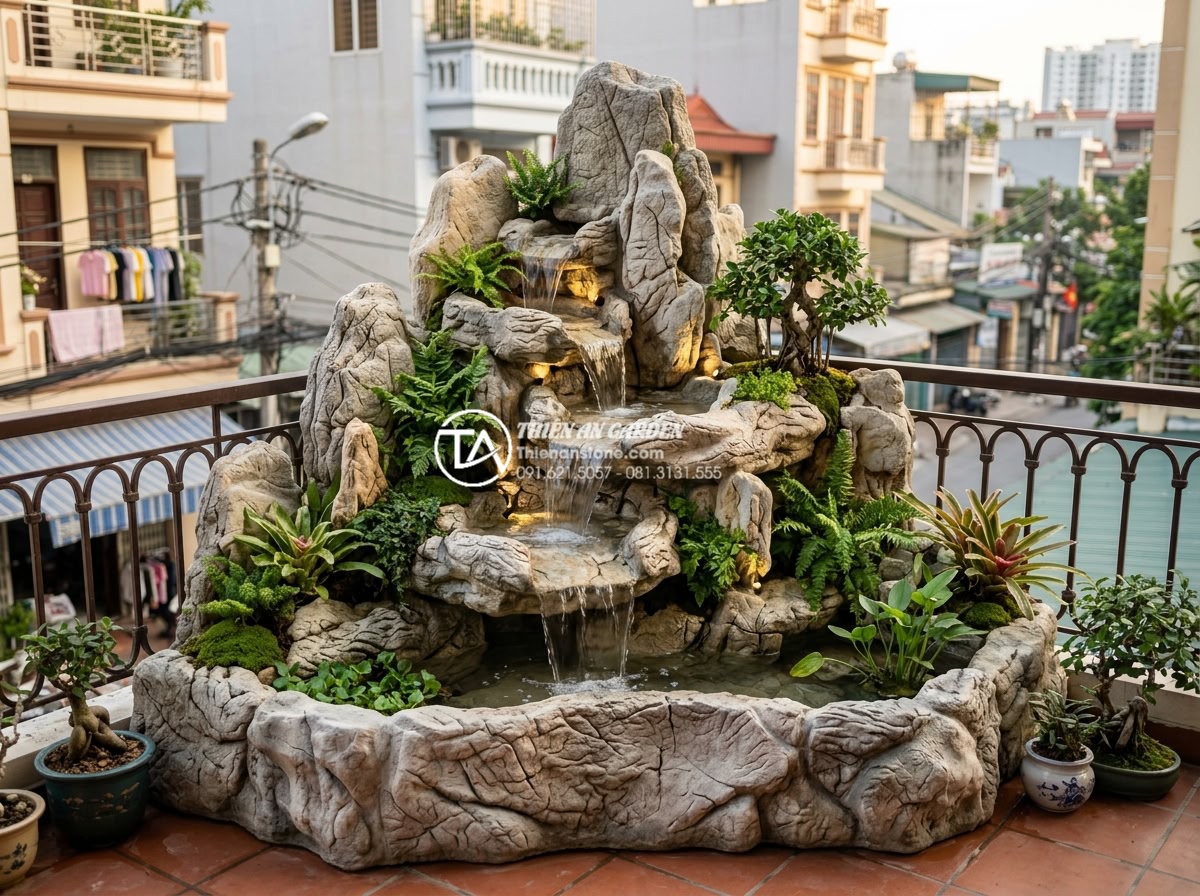 Mẫu tiểu cảnh ban công kết hợp thác nước bằng đá tự nhiên cực sang trọng - Completed professional installation of luxury stone waterfall feature on urban b