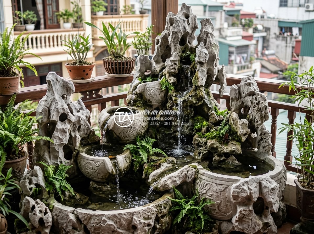Mẫu tiểu cảnh ban công kết hợp thác nước bằng đá tự nhiên cực sang trọng - Decorative stone water basins and urns integrated with natural stone waterfalls 