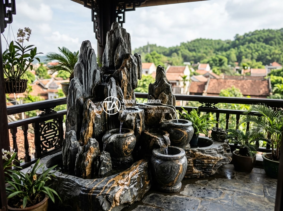 Mẫu tiểu cảnh ban công kết hợp thác nước bằng đá tự nhiên cực sang trọng - Artistic combination of carved stone decorative water urns with cascading mini w