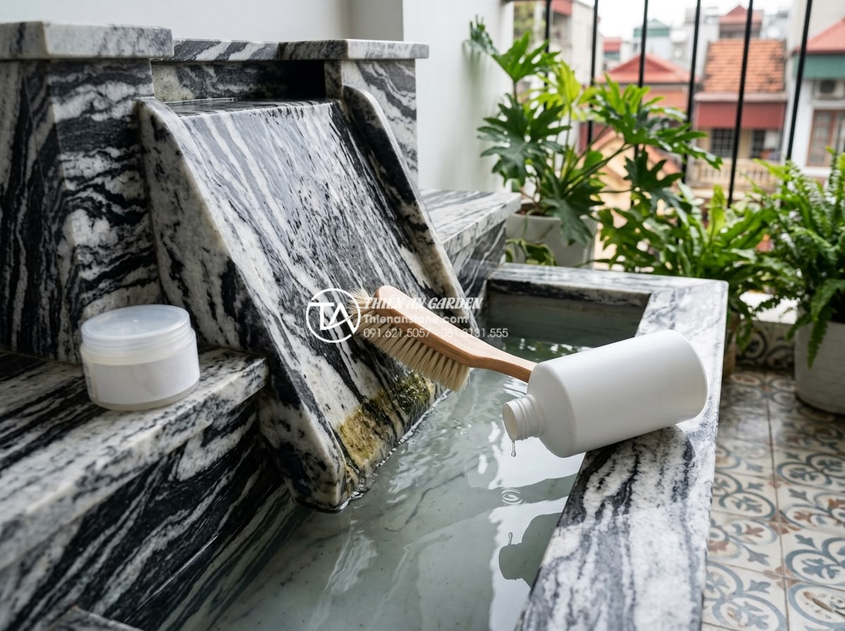 Mẫu tiểu cảnh ban công kết hợp thác nước bằng đá tự nhiên cực sang trọng - Maintenance guide visuals for natural stone balcony waterfalls including cleanin