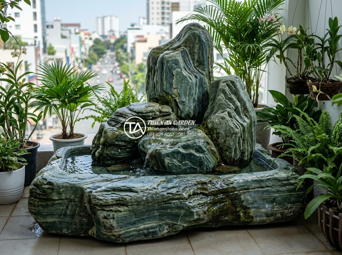 Mẫu tiểu cảnh ban công kết hợp thác nước bằng đá tự nhiên cực sang trọng - Long-term preserved luxurious natural stone water feature on balcony after prope