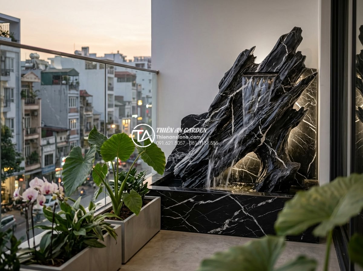 Mẫu tiểu cảnh ban công kết hợp thác nước bằng đá tự nhiên cực sang trọng - Future 2026 trends in balcony natural stone waterfalls including smart lighting,