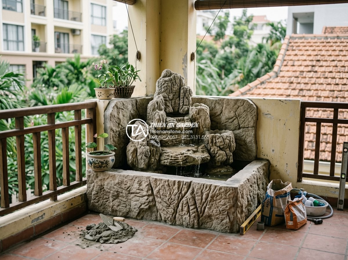 Mẫu tiểu cảnh ban công kết hợp thác nước bằng đá tự nhiên cực sang trọng - Professional team from Da Canh Thien An installing high-end natural stone balcon