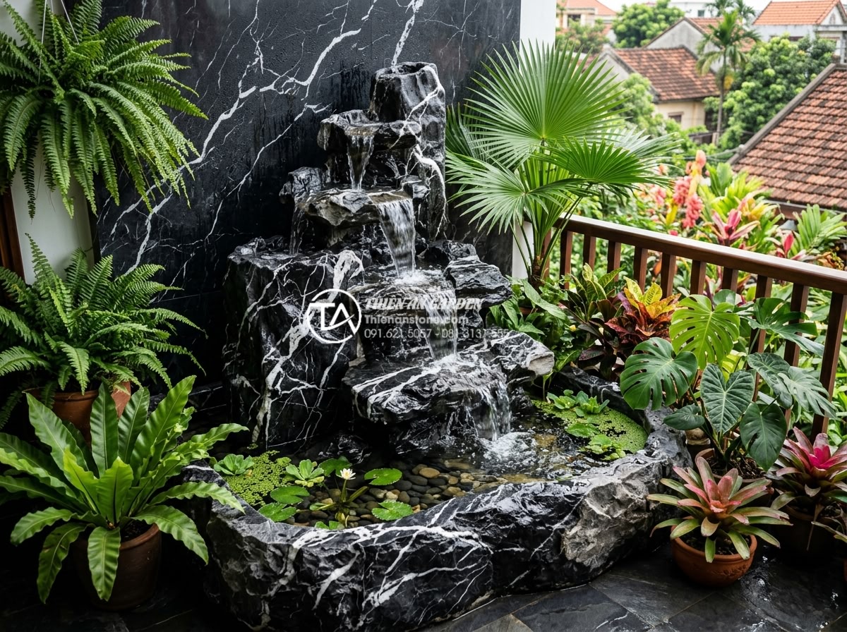 Mẫu tiểu cảnh ban công kết hợp thác nước bằng đá tự nhiên cực sang trọng - Detailed view of natural stone waterfall in balcony setting with multiple water 