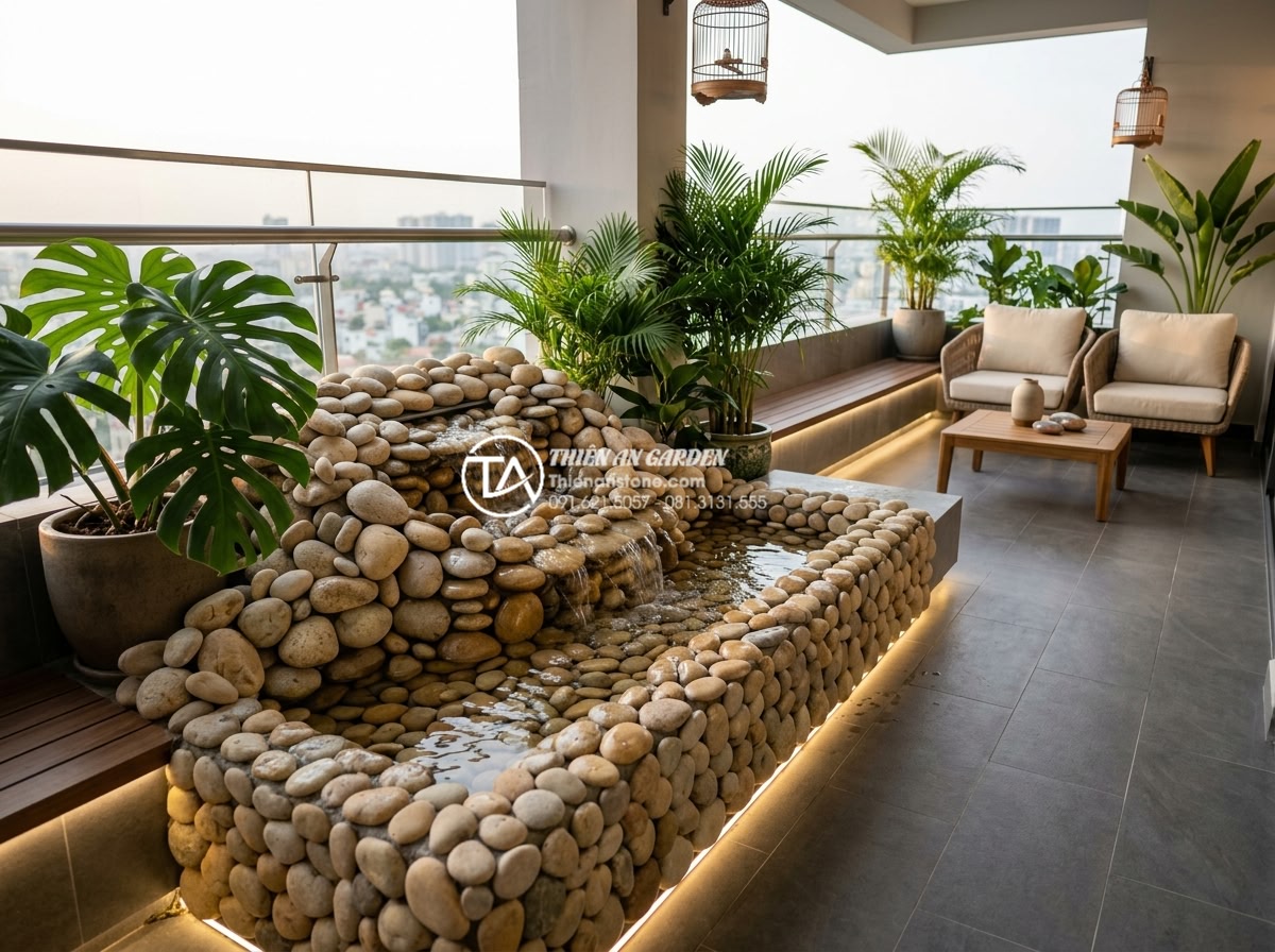 Mẫu tiểu cảnh ban công kết hợp thác nước bằng đá tự nhiên cực sang trọng - Modern balcony with luxurious natural stone water feature, cascading waterfall o