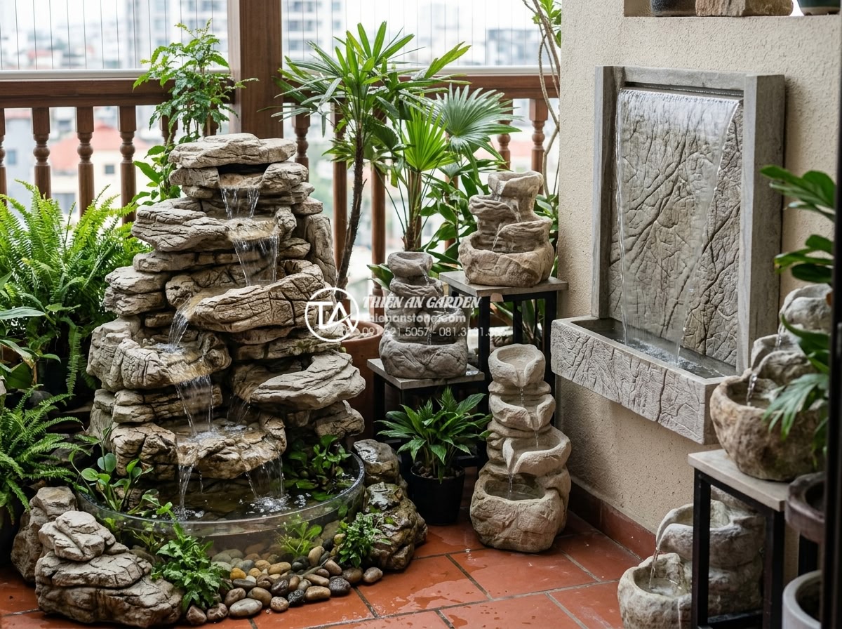 Mẫu tiểu cảnh ban công kết hợp thác nước bằng đá tự nhiên cực sang trọng - Popular natural stone mini waterfall models for balconies including tiered casca