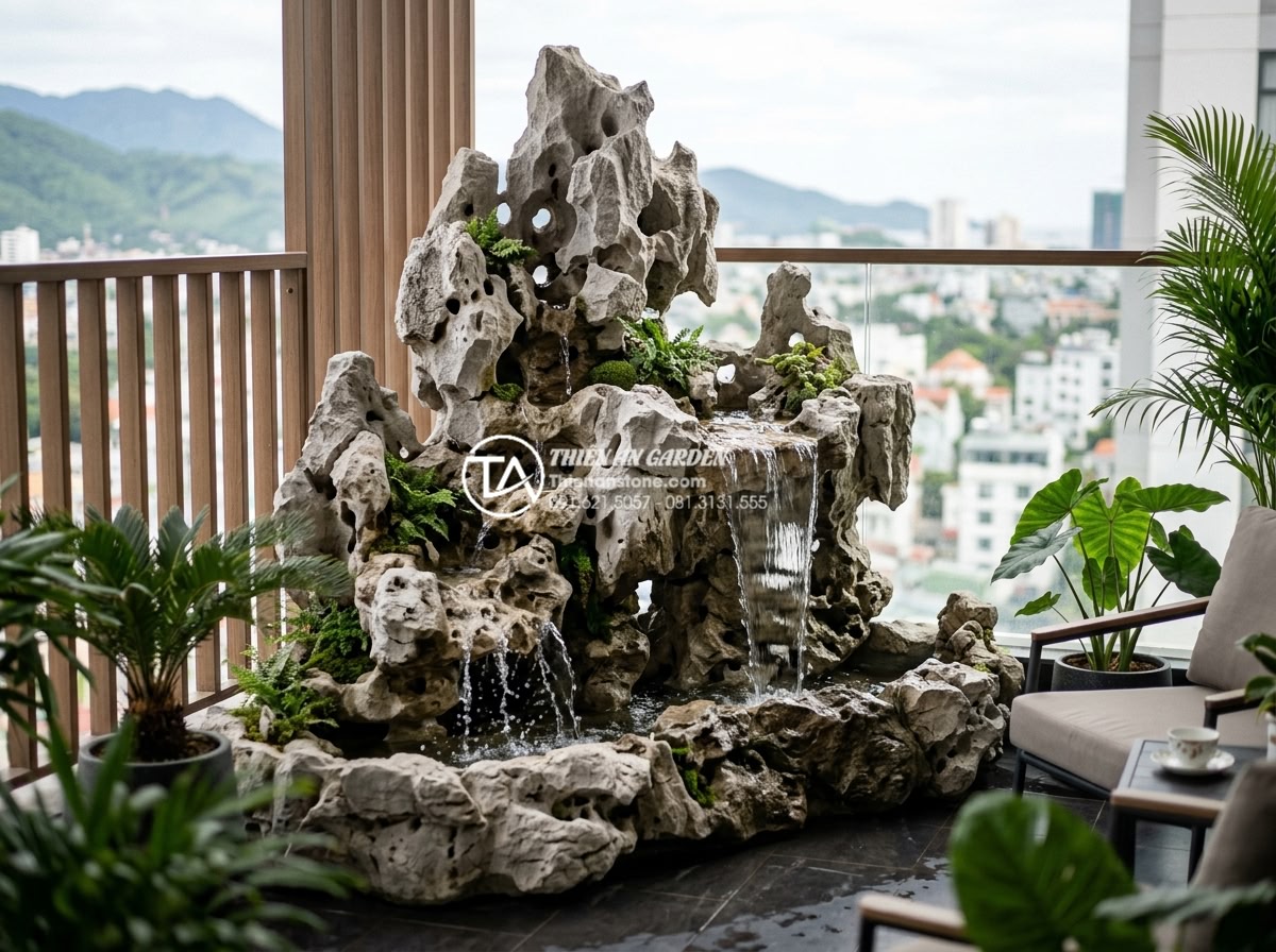Mẫu tiểu cảnh ban công kết hợp thác nước bằng đá tự nhiên cực sang trọng - Various luxurious balcony waterfall designs using natural stones like granite an