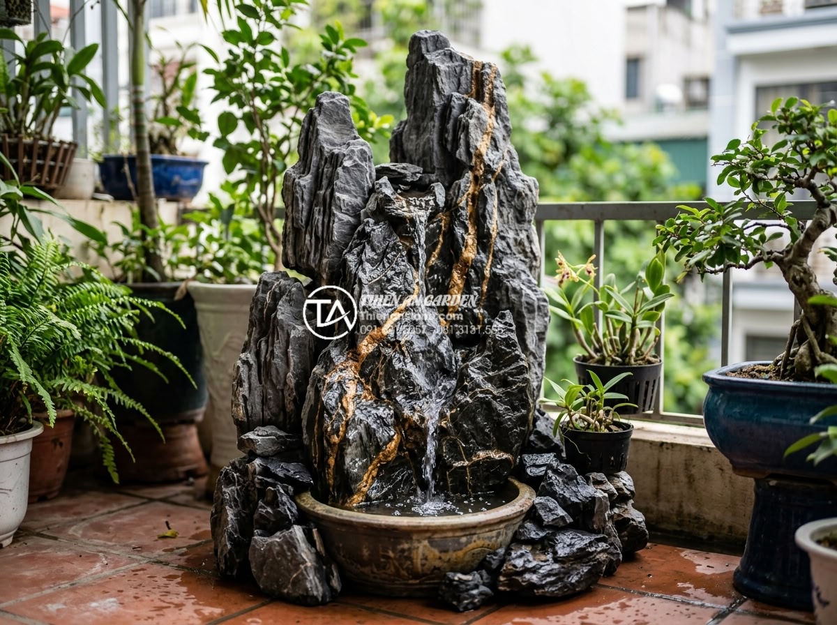 Mẫu tiểu cảnh ban công kết hợp thác nước bằng đá tự nhiên cực sang trọng - Guide to selecting natural stones for balcony waterfalls showing granite, marble