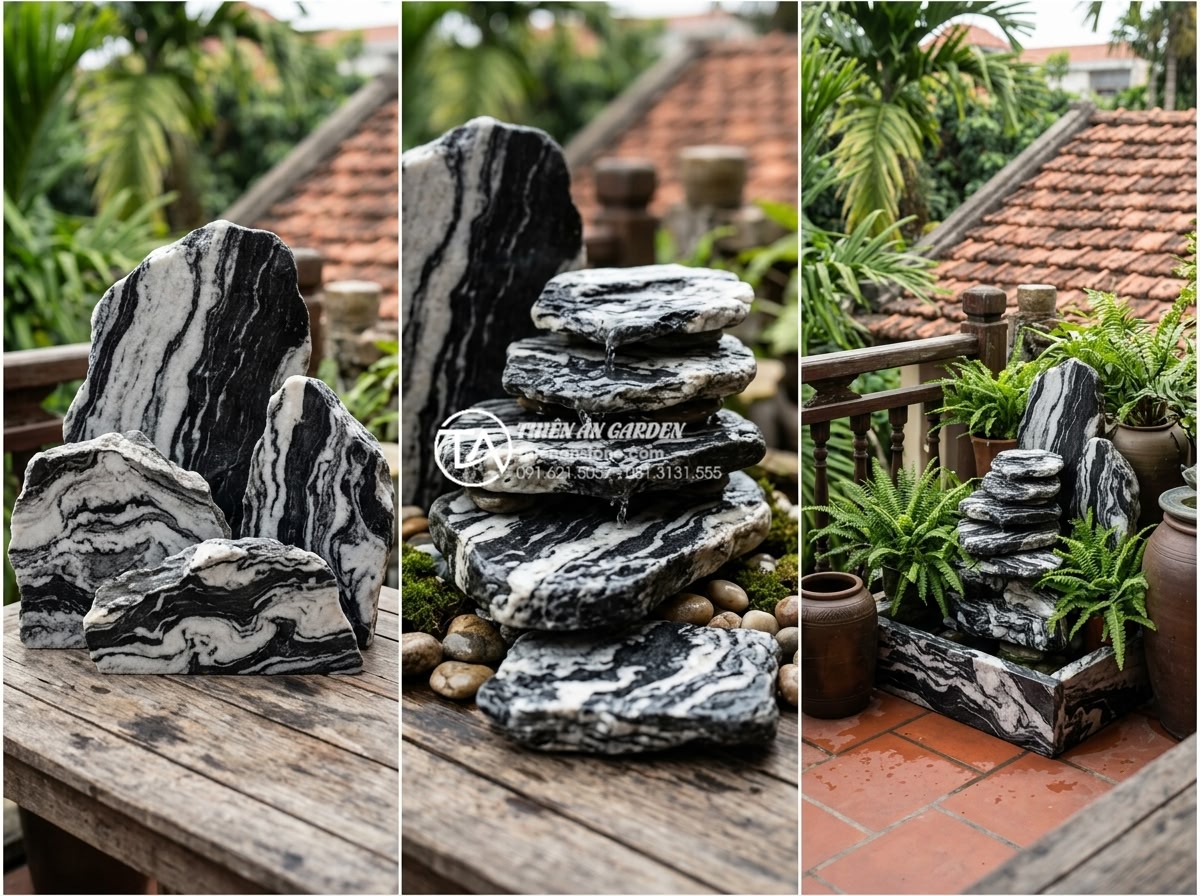 Mẫu tiểu cảnh ban công kết hợp thác nước bằng đá tự nhiên cực sang trọng - Comparison chart style image of different natural stones used in mini balcony wa
