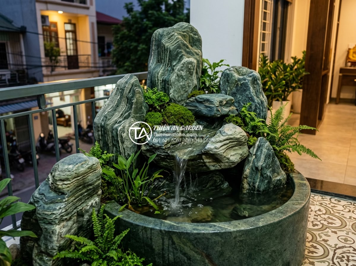 Mẫu tiểu cảnh ban công kết hợp thác nước bằng đá tự nhiên cực sang trọng - Feng shui inspired balcony water feature designs adapted to different orientatio
