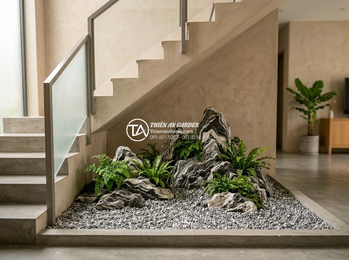 Mẫu tiểu cảnh gầm cầu thang đơn giản dành cho gia chủ thích tự làm (DIY) - A realistic photo of a simple modern under-stair DIY landscape using layered nat