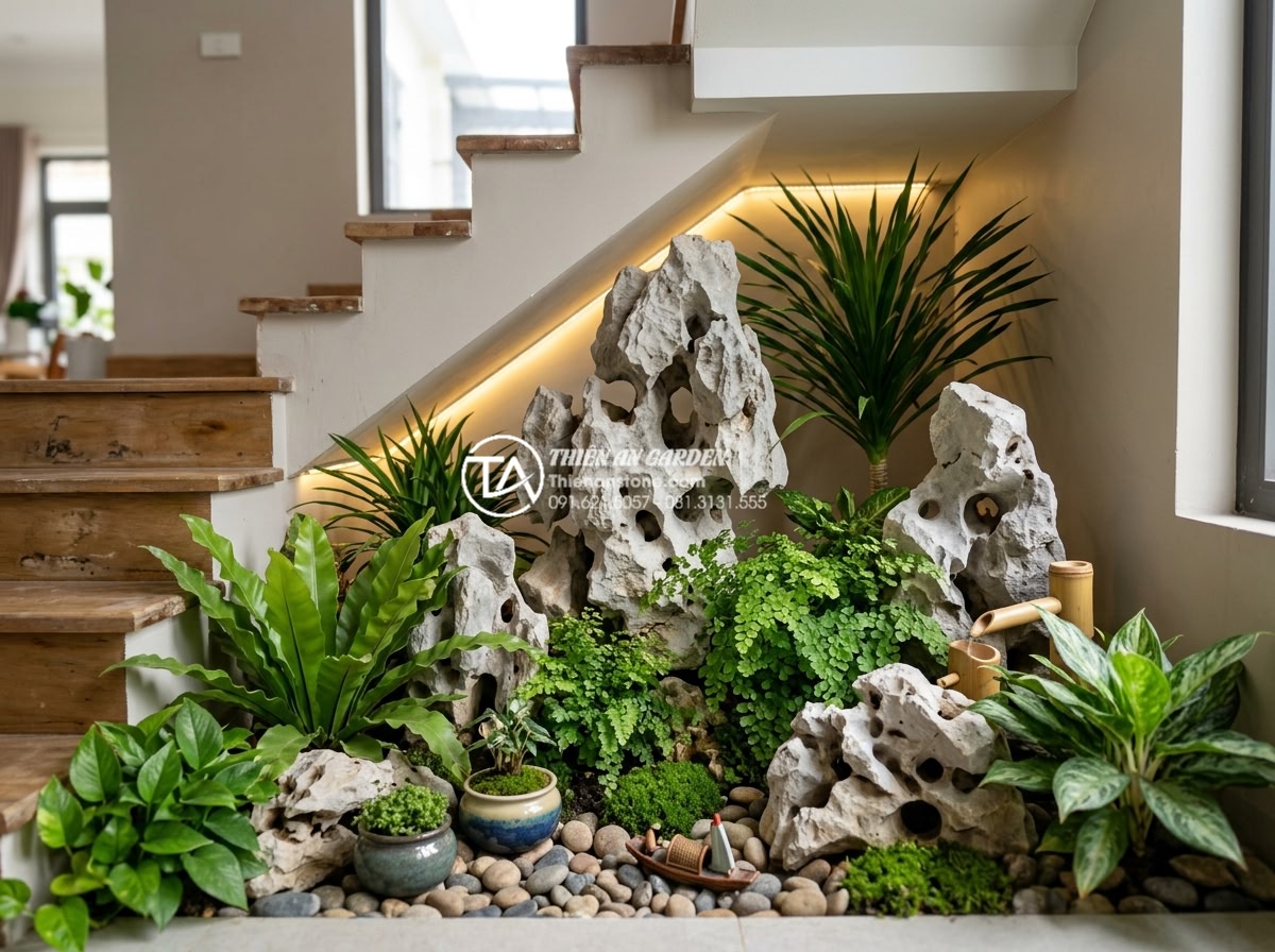 Mẫu tiểu cảnh gầm cầu thang đơn giản dành cho gia chủ thích tự làm (DIY) - Vibrant DIY under-stair mini garden combining natural stones, various shade-lovi