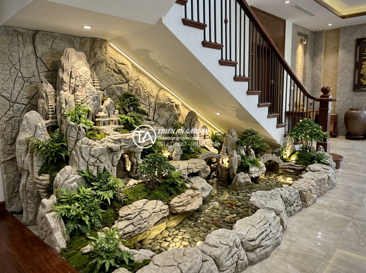 Mẫu tiểu cảnh gầm cầu thang đơn giản dành cho gia chủ thích tự làm (DIY) - Luxury upgraded under-stair landscape in a villa setting with intricate natural 