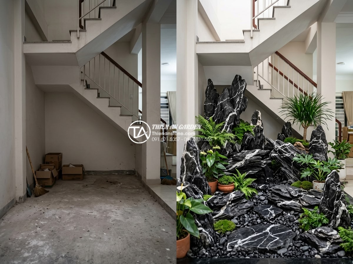 Mẫu tiểu cảnh gầm cầu thang đơn giản dành cho gia chủ thích tự làm (DIY) - Before and after comparison of an empty under-stair space transformed into a lus