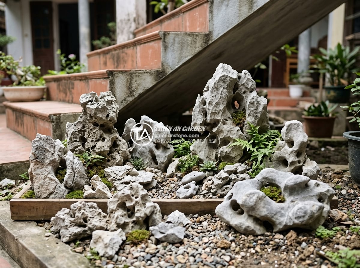 Mẫu tiểu cảnh gầm cầu thang đơn giản dành cho gia chủ thích tự làm (DIY) - Detailed assortment of polished and rough natural stones suitable for simple gar