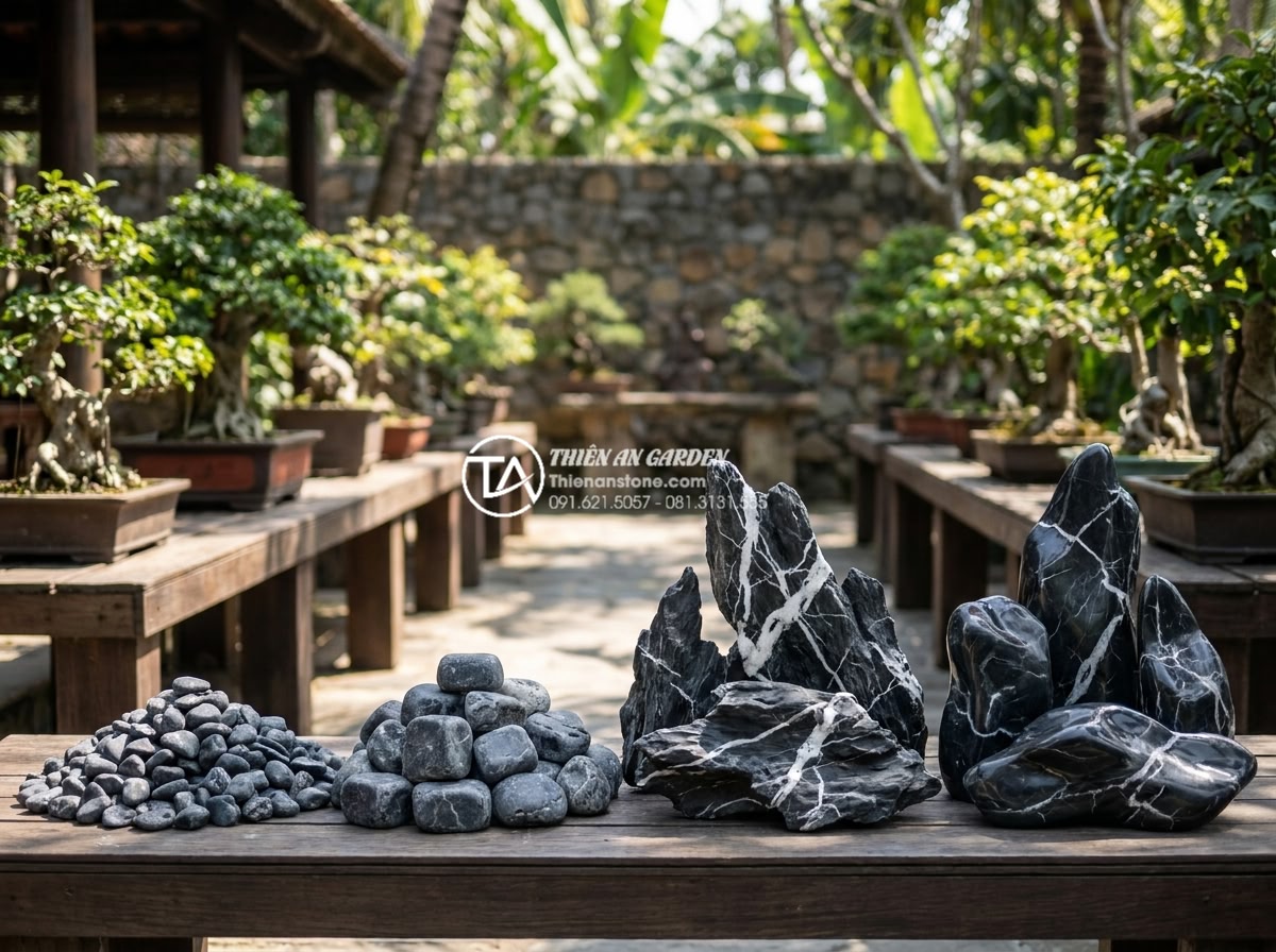 Mẫu tiểu cảnh góc sân vườn hiện đại với sỏi trắng và đá cuội - Selection guide visual with various grades of white pebbles and cobblestones dis