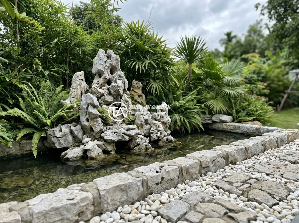 Mẫu tiểu cảnh góc sân vườn hiện đại với sỏi trắng và đá cuội - Integrated modern garden corner with white pebbles, cobblestones, small koi pond