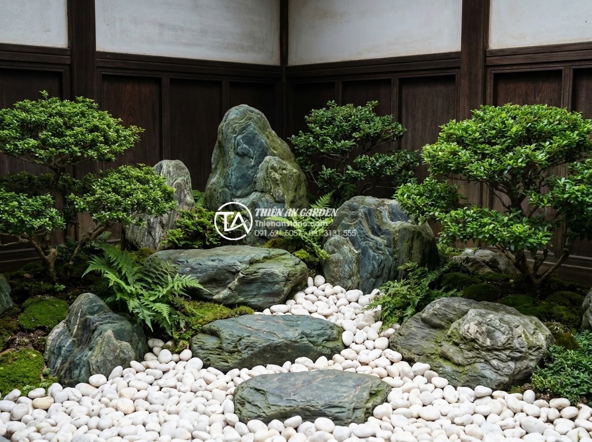 Mẫu tiểu cảnh góc sân vườn hiện đại với sỏi trắng và đá cuội - Long-term maintained pristine white pebble corner garden after several years sho