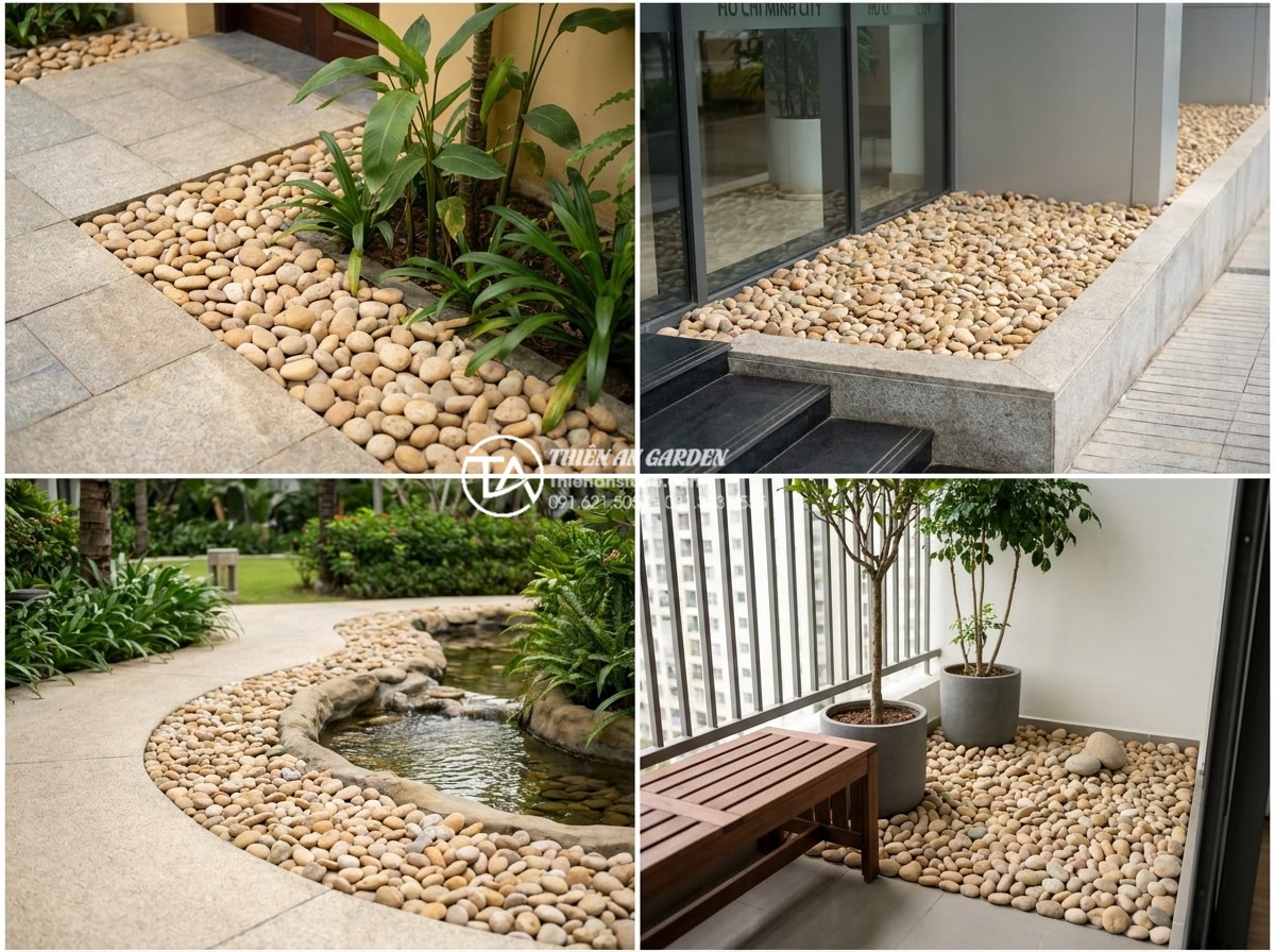 Mẫu tiểu cảnh góc sân vườn hiện đại với sỏi trắng và đá cuội - Showcase of multiple real-world installations by Thien An Stone featuring divers