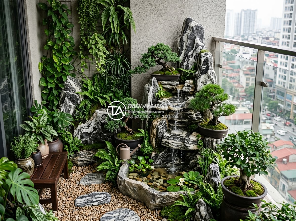 Mẫu tiểu cảnh sân thượng ban công chung cư đẹp tối ưu diện tích - Realistic high-resolution photo of a modern apartment balcony in a high-rise bui