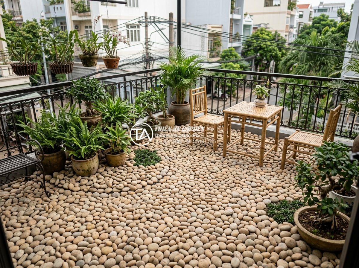 Mẫu tiểu cảnh sân thượng ban công chung cư đẹp tối ưu diện tích - Completed professional installation of a full stone-based terrace garden by expe