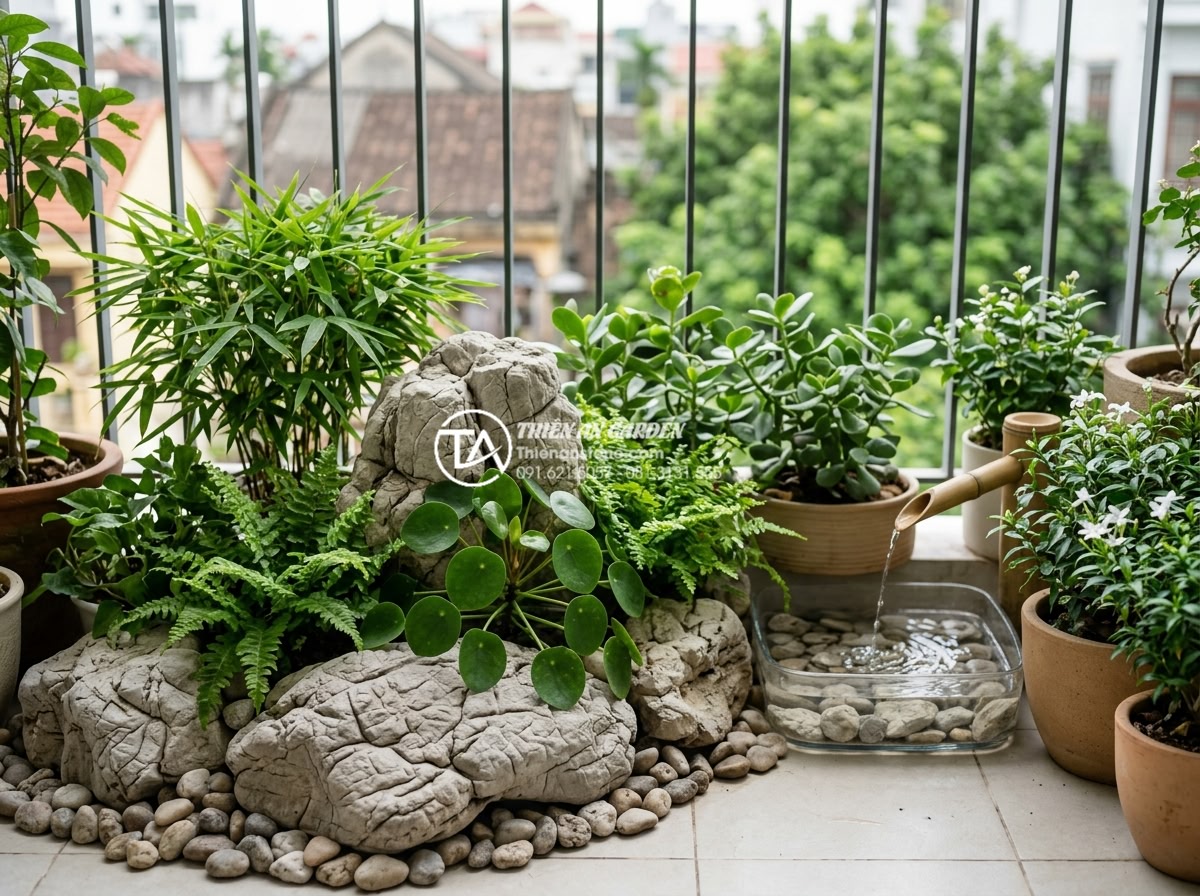 Mẫu tiểu cảnh sân thượng ban công chung cư đẹp tối ưu diện tích - Maintenance tips visualized with clean and well-kept natural stone balcony garde